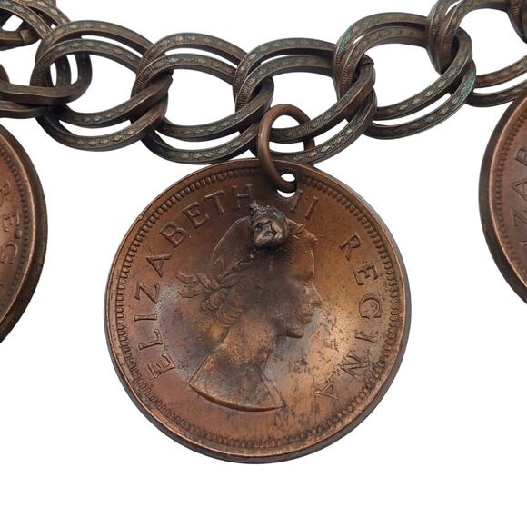Vintage 1950s South African Coin Charm Bracelet Copper Five Cent Travel Chain - Picture 8 of 14